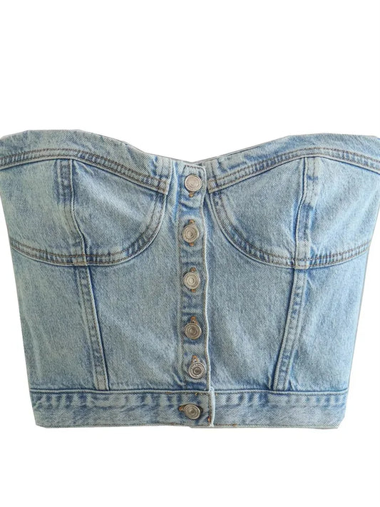 FashionSierra - 2025 Sexy Tube Sleeveless Buttons Up Bustiers Corsets Denim Off Shoulder Cropped Tank Mini Vest  Crop Tops
