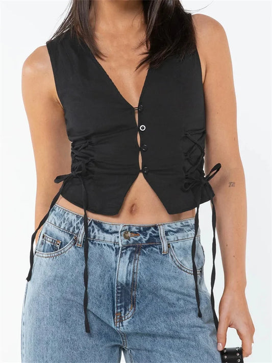 FashionSierra - 2025 Slim Tank Solid Color Front Buttons Up Mini Vest Side Criss-Cross Tie-Up Waistcoat Streetwear  Crop Tops