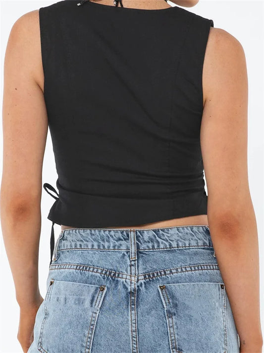 FashionSierra - 2025 Slim Tank Solid Color Front Buttons Up Mini Vest Side Criss-Cross Tie-Up Waistcoat Streetwear  Crop Tops