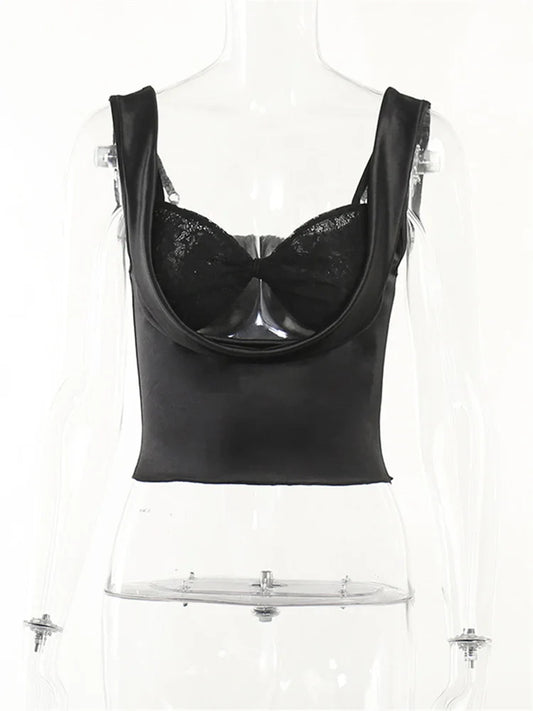 FashionSierra - 2025 Vintage Lace Patchwork Spaghetti Strap Low Cut Backless Streetwear Mini Vests