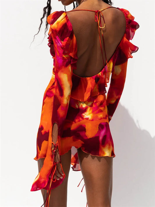 FashionSierra -2025 Y2K Ruffle Deep V-neck Slim Fit Mini Dress