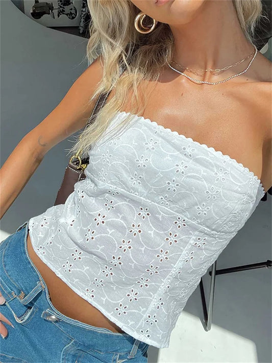 FashionSierra - 2025 Vintage Strapless Camis Boho Floral Hollow Out Tube Chic Women Summer Off Shoulder Backless Crop Tops