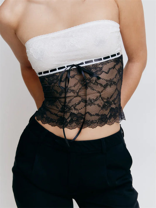 FashionSierra - 2025 Going Out Tank Strapless Off Shoulder Lace Floral Tube Patchwork Slim Fit Party Mini Vest  Crop Tops