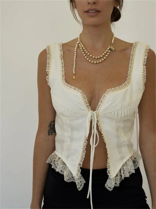 FashionSierra - 2025 Floral Lace Patchwork Vest Top Sleeveless Low-Cut Tie-Up Chest Vintage Summer Camis Irregular Hem Tank  Crop Tops