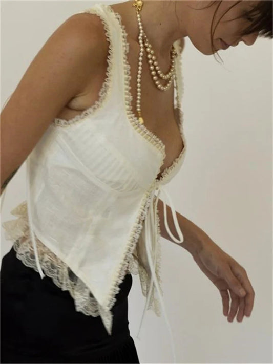 FashionSierra - 2025 Floral Lace Patchwork Vest Top Sleeveless Low-Cut Tie-Up Chest Vintage Summer Camis Irregular Hem Tank  Crop Tops