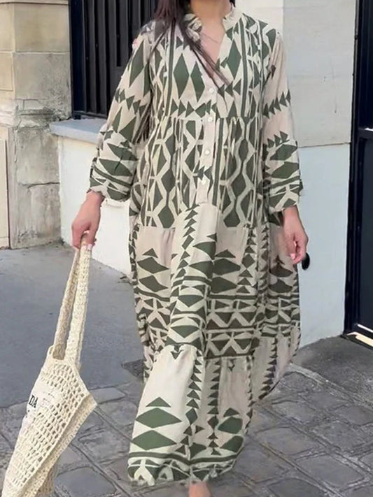 FashionSierra - 2025 Vintage Print Sleeve Pleated Boho Dress