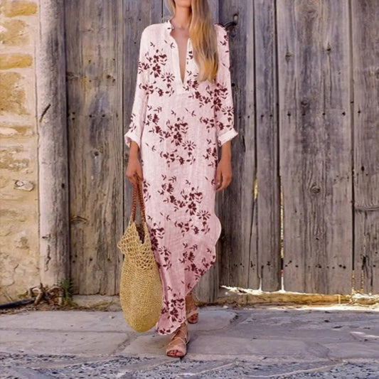 FashionSierra - 2025 Spring Casual V-Neck Slit Maxi Tunic Boho Dress