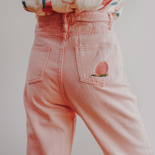 Embroidered Peach Jeans (Pink)