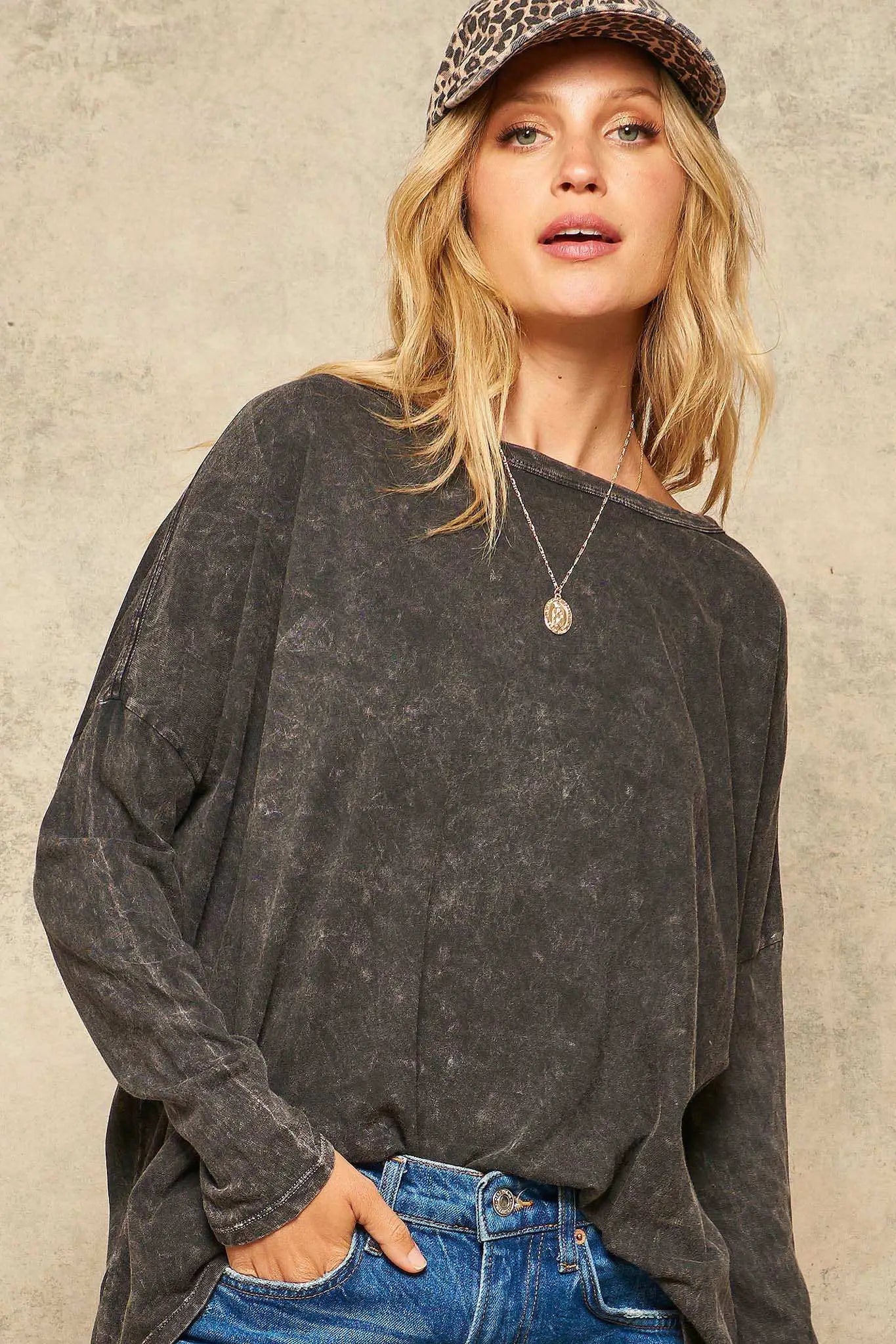 Big Happy Vintage-Washed Oversize Long-Sleeve Tee - ShopPromesa