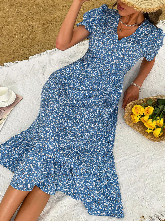 FashionSierra - 2025 Elegant Blue V Neck Casual Summer Beach Boho Dress