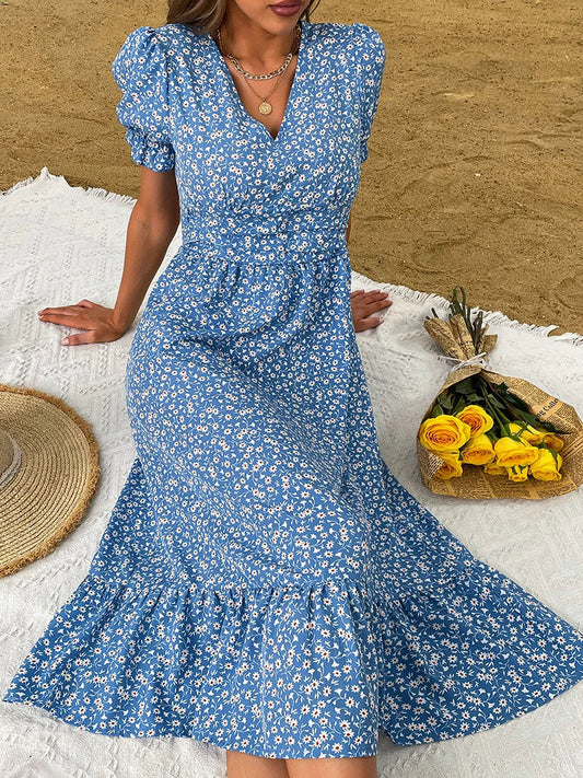 FashionSierra - 2025 Elegant Blue V Neck Casual Summer Beach Boho Dress