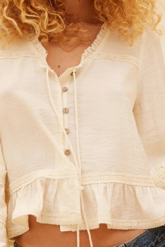 Lovely Day Button-Up Lace-Trim Ruffled Peasant Top