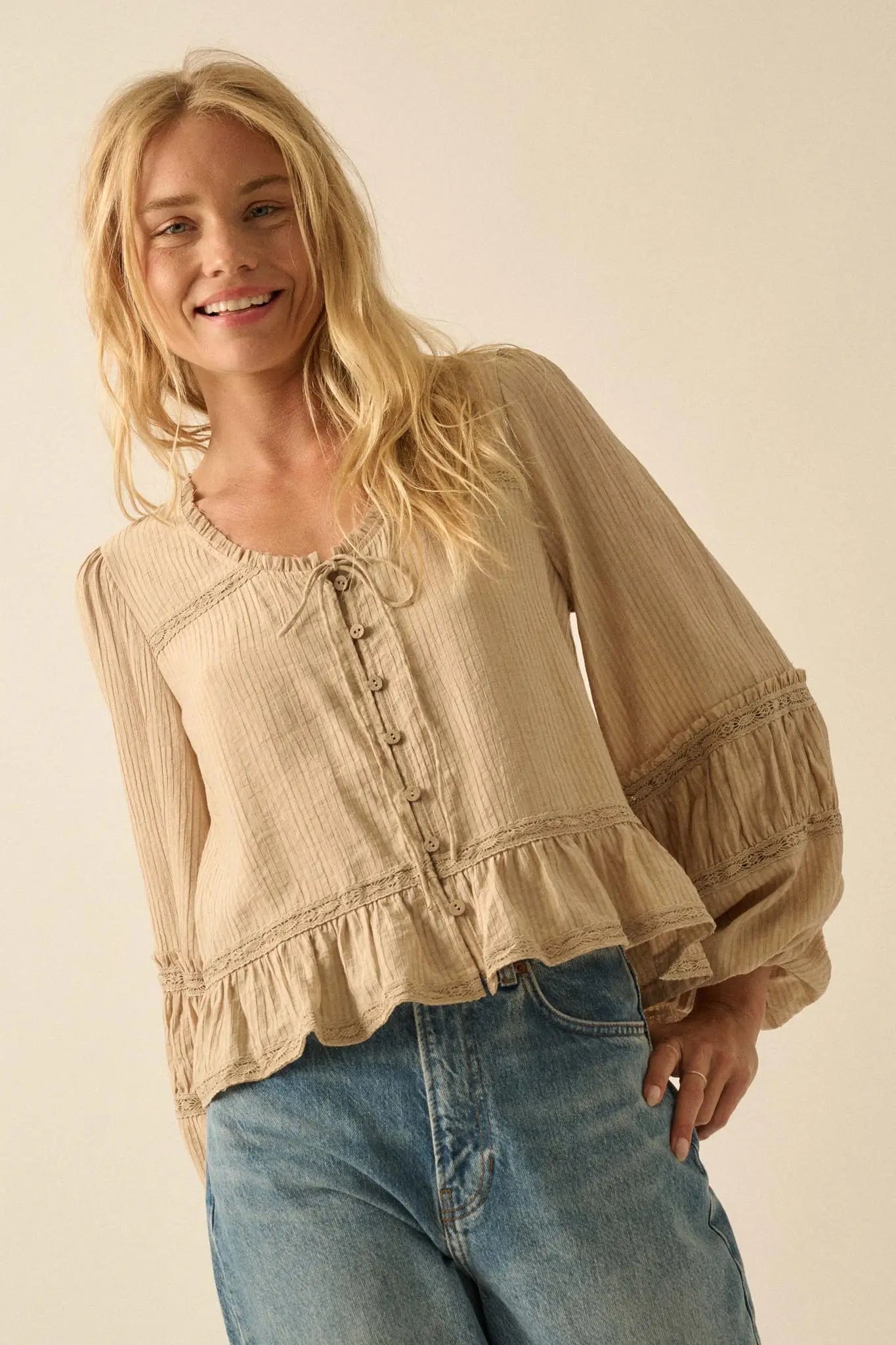 Lovely Day Button-Up Lace-Trim Ruffled Peasant Top - ShopPromesa