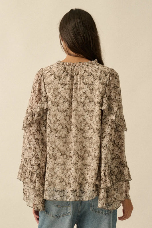 Embrace Me Floral Chiffon Ruffle Bell-Sleeve Top
