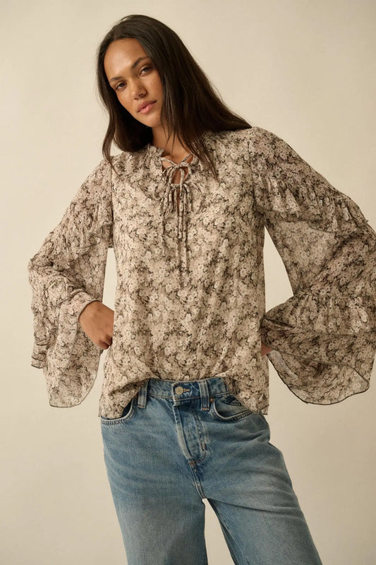 Embrace Me Floral Chiffon Ruffle Bell-Sleeve Top - ShopPromesa