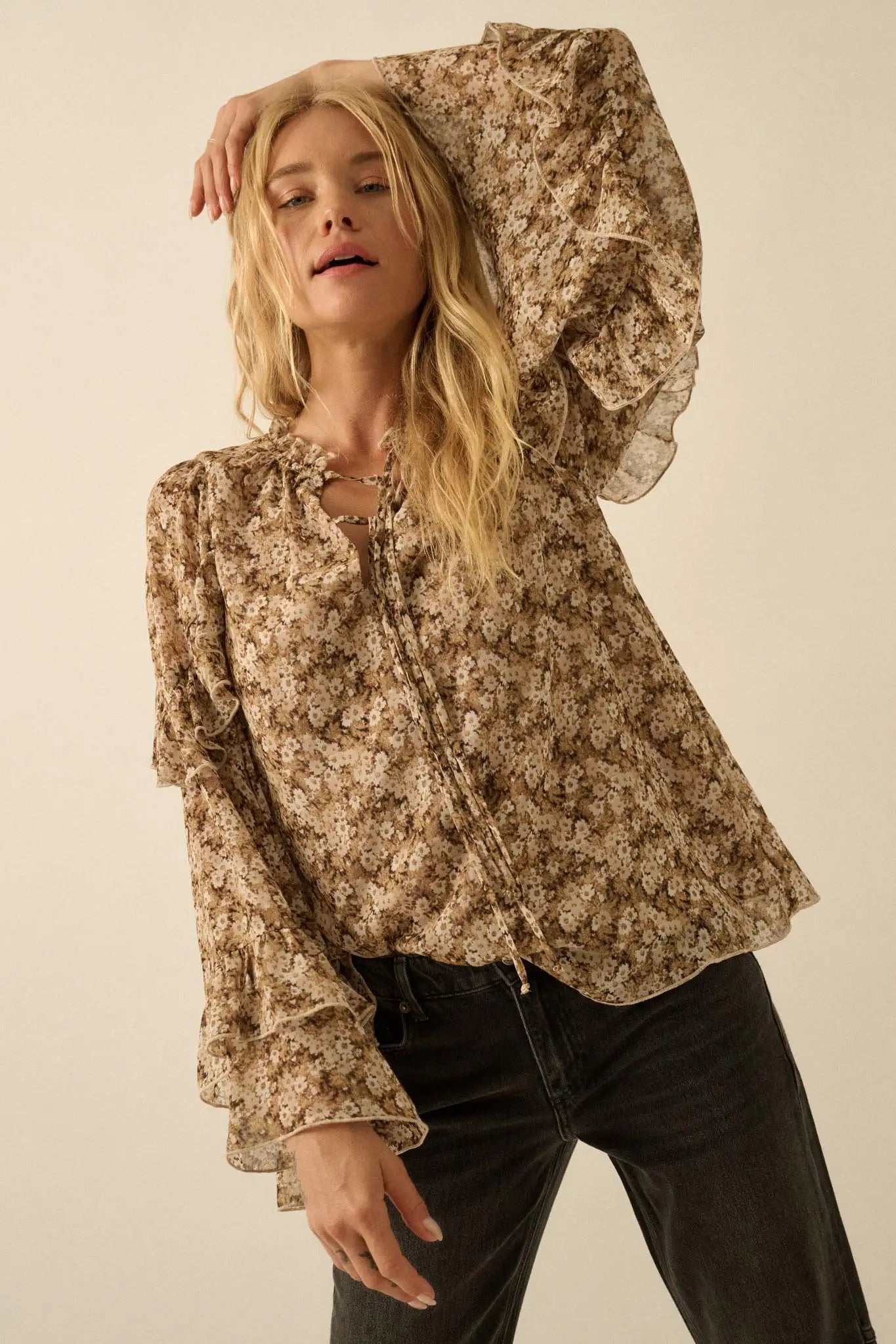 Embrace Me Floral Chiffon Ruffle Bell-Sleeve Top - ShopPromesa