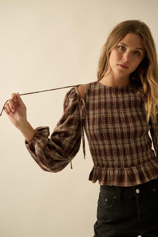 Come Together Plaid Detachable-Sleeve Peasant Top
