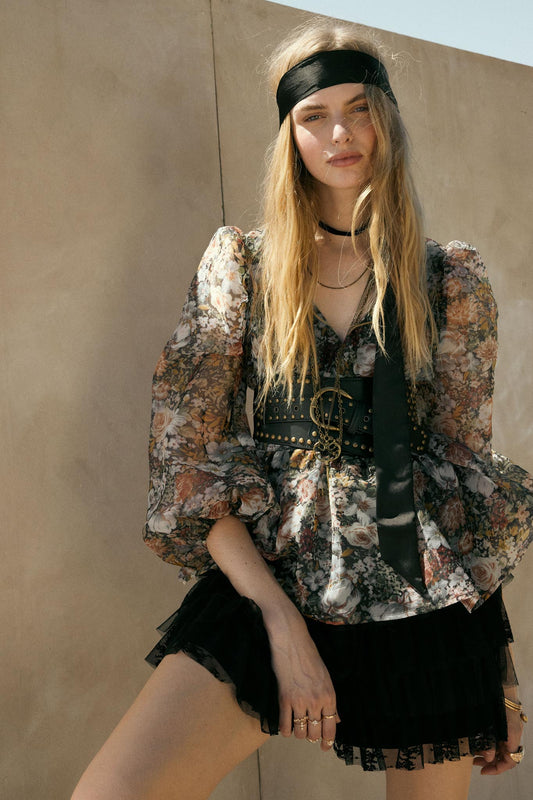 Harvest Blossoms Floral Organza Peplum Peasant Top