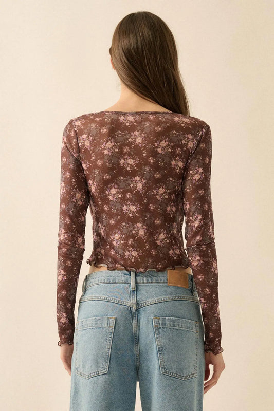 Flowering Free Floral Mesh Layered Tie-Front Top