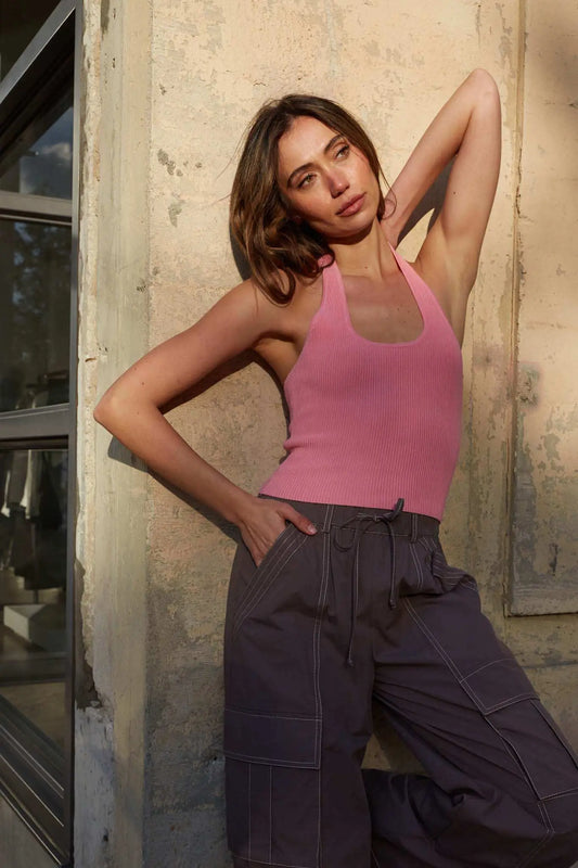 Shaper Fit Halter Rib-Knit Open-Back Tank Top