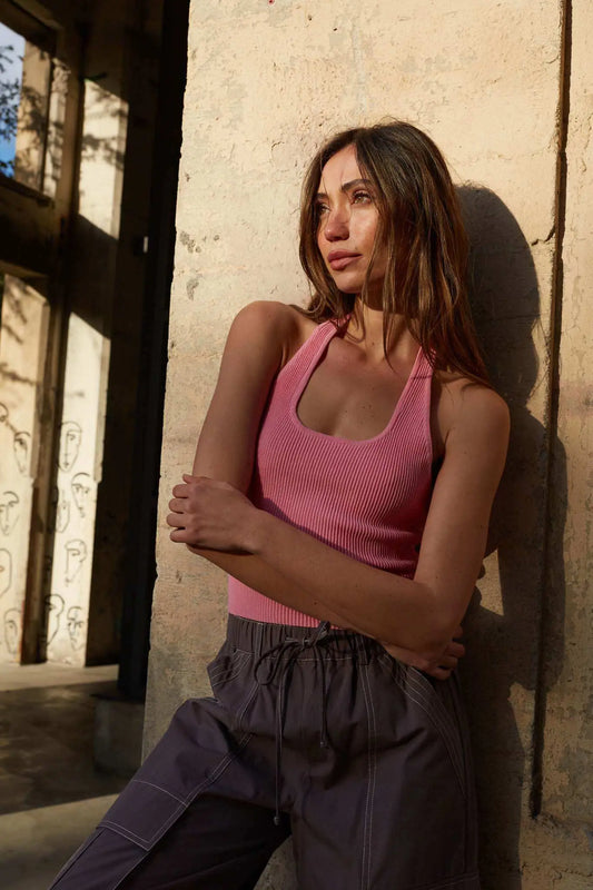 Shaper Fit Halter Rib-Knit Open-Back Tank Top