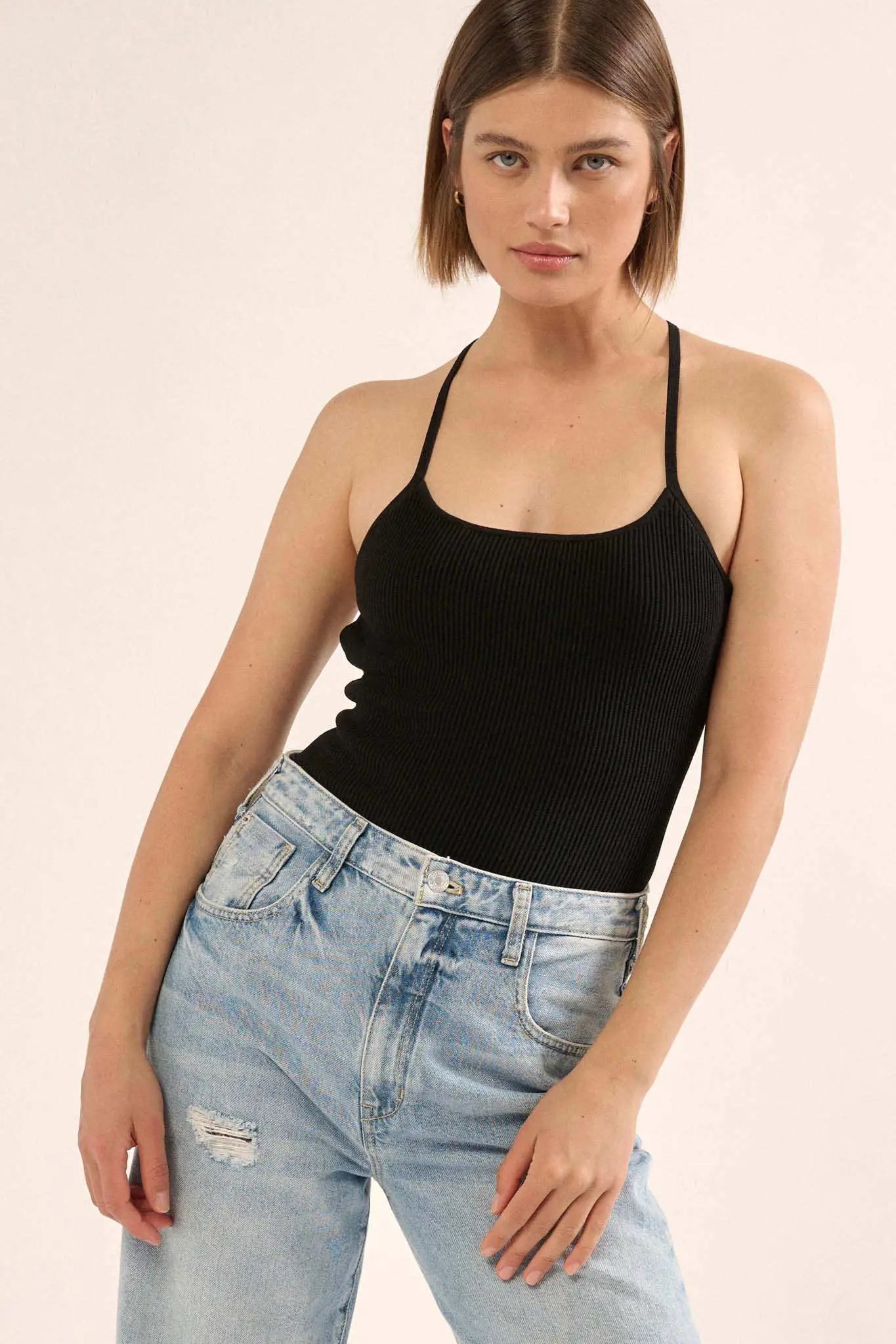 Shaper Fit Scoopneck Rib-Knit Open-Back Bodysuit - ShopPromesa