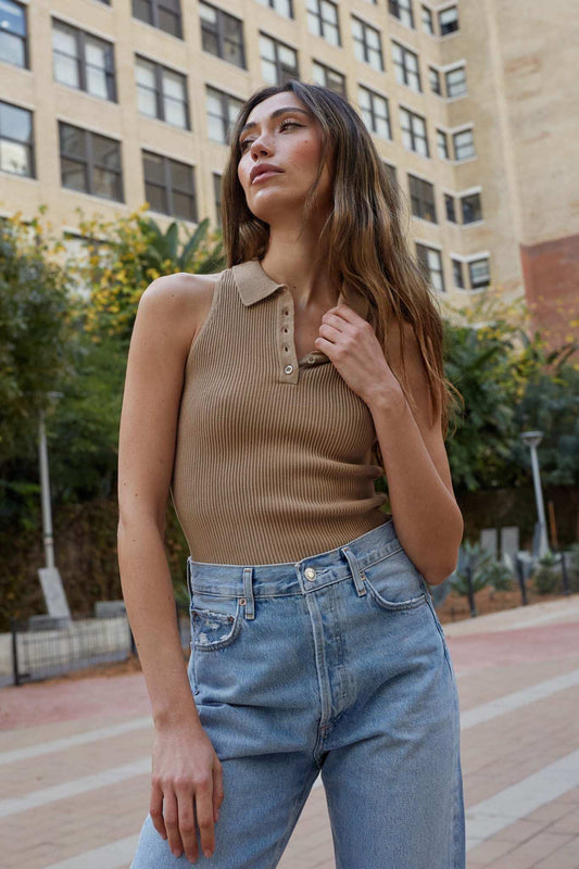 Shaper Fit Collared Rib-Knit Sleeveless Polo Top