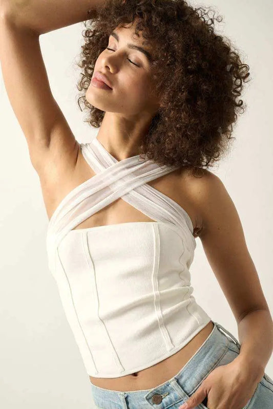 Shaper Fit Cross-Front Rib-Knit Corset Top