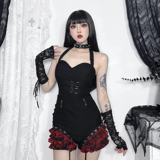 Gothic Summer 2025 New Arrival Landmine Series Plaid Patchwork Shorts Spicy Girl Halter Waist-Cinch Y2K Vest Skirt