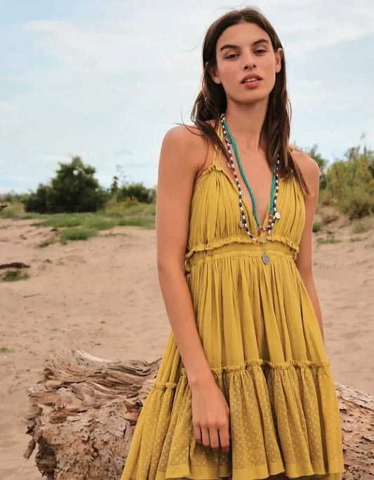 FashionSierra - 2025 Summer Deep V Sexy Beach Holiday Casual Boho Dress