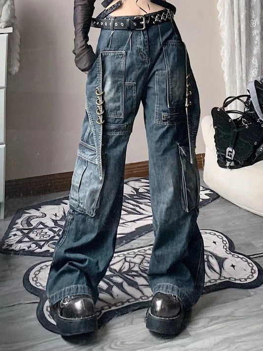 2025 New Street Washed Pocket Y2K Cargo Pants Women High Waist Pants