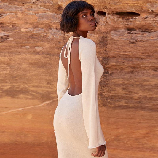 FashionSierra - solid knitted open back flared long sleeve maxi dress