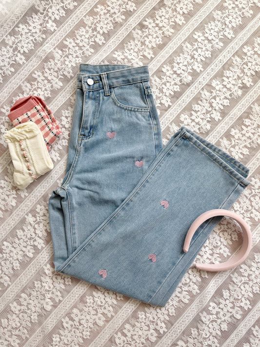 Lover Heart Embroidered Jeans (Light Denim)