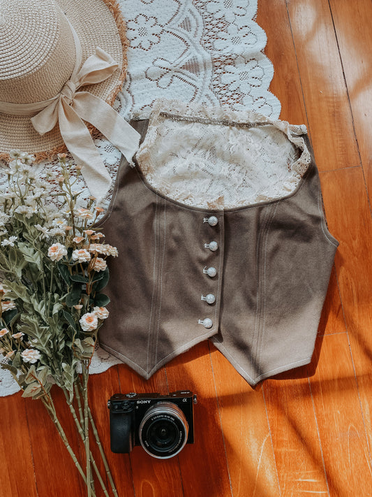 Lace Button Up Waistcoat (Taupe)