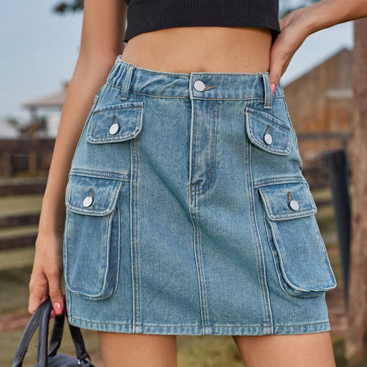 2025 Denim Skirt Street Tooling Style Flap Ribbon Details Workwear High Street Skirt