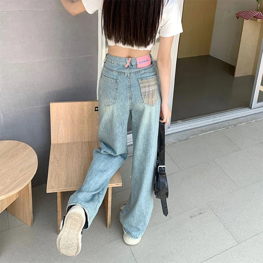 Female Collision High Waist Embroidery Design Loose Drag Straight Jeans