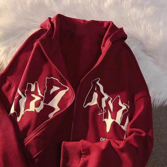 FashionSierra - Letter Print Zip Up Hoodies