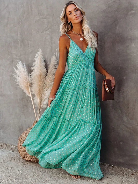 FashionSierra - 2025 Sleeveless Spaghetti Strap Pleated V Neck Maxi Boho Dress