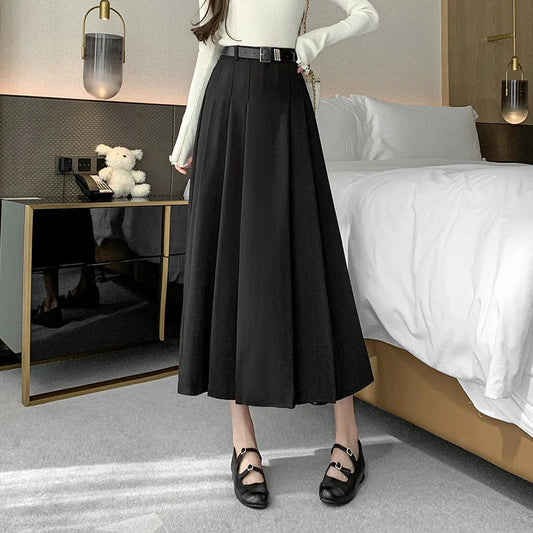 FashionSierra - Midi Women 2025 Spring Summer High Waist A-line Pleated Korean Casual Long Suit Ladies Fashion Umbrella Skirt