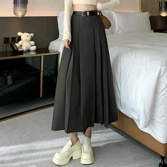 FashionSierra - Midi Women 2025 Spring Summer High Waist A-line Pleated Korean Casual Long Suit Ladies Fashion Umbrella Skirt