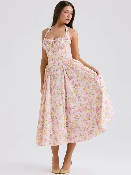 FashionSierra - Vintage Halter Sleeveless Backless A-line Floral Dress
