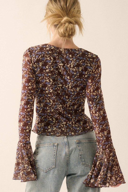 Sweet Violets Floral-Print Mesh Bell-Sleeve Top