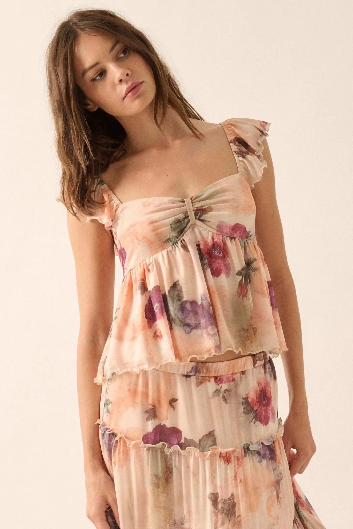 First Blush Floral Mesh Ruffle Babydoll Cami Top - ShopPromesa