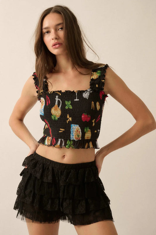 Ciao Bella Printed Mesh Smocked Cropped Tank Top - ShopPromesa