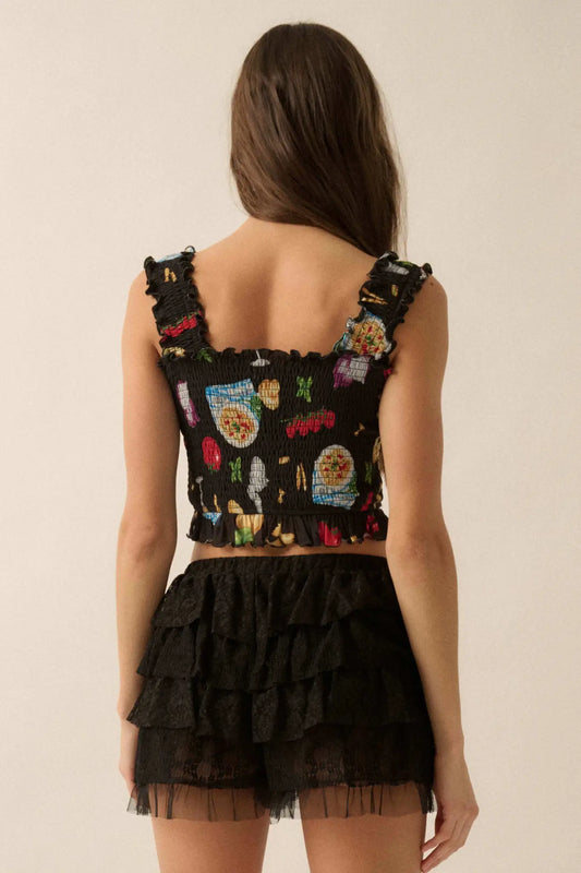 Ciao Bella Printed Mesh Smocked Cropped Tank Top