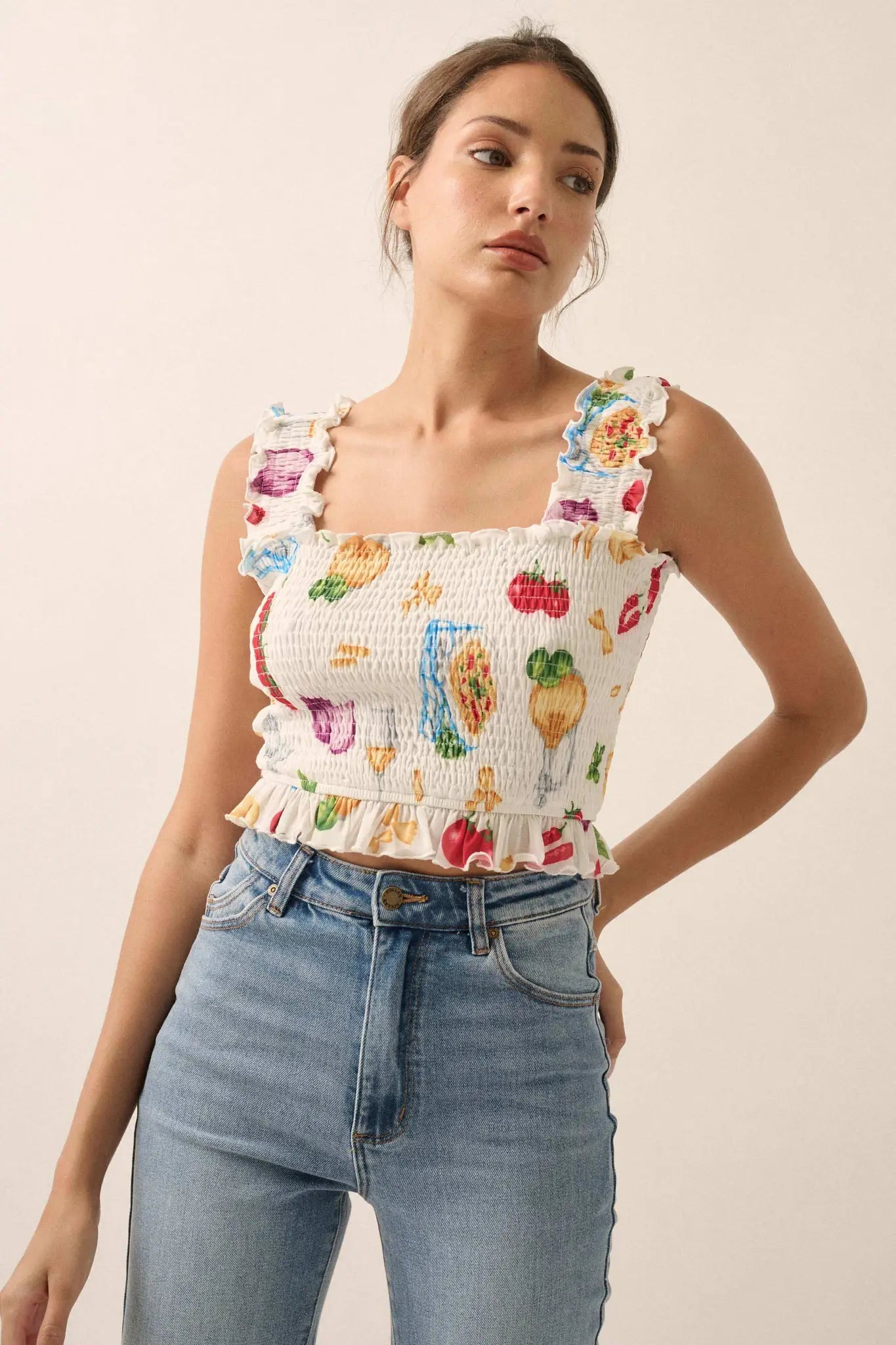 Ciao Bella Printed Mesh Smocked Cropped Tank Top - ShopPromesa