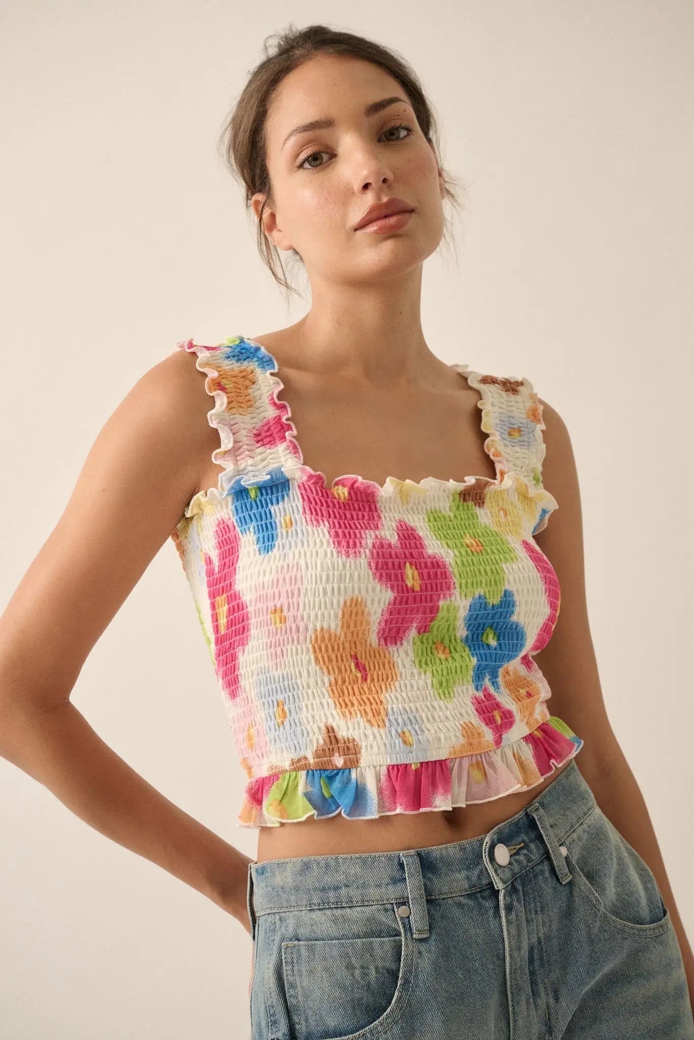 Funky Flowers Smocked Floral Mesh Ruffle Tank Top - ShopPromesa