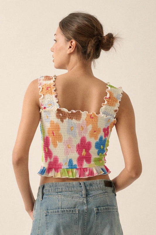 Funky Flowers Smocked Floral Mesh Ruffle Tank Top