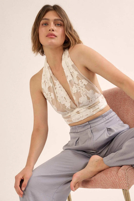 Sweet Sonata Embroidered Lace Cropped Halter Top