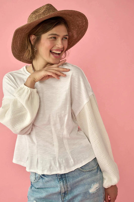 Hopeful Heart Mixed Media Pleated Long-Sleeve Top